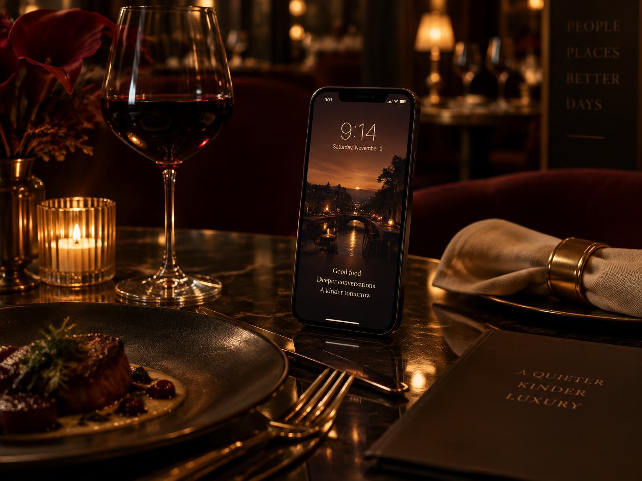 Celular com a Mesa da Intimidade aberta sobre uma mesa de jantar com taça de vinho